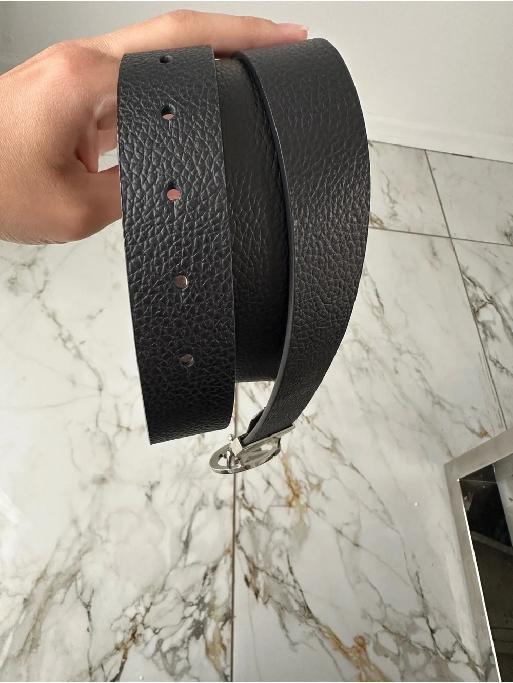 Michael Kors Reversible Black Leather Belt with Silver MK Circle Buckle
